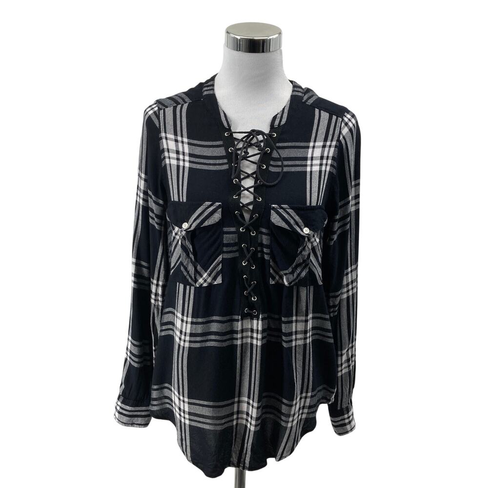Express Women's M Black White Plaid Lace Up Long Sleeve Blouse Grunge Y2K